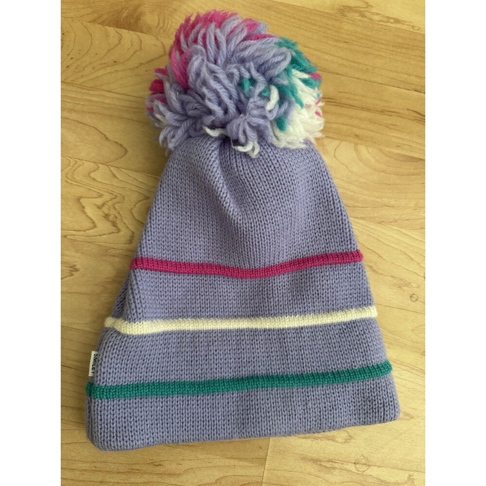Smiley Beanie Multicolor Pom Pom Purple Striped 100% Wool Winter Hat USA